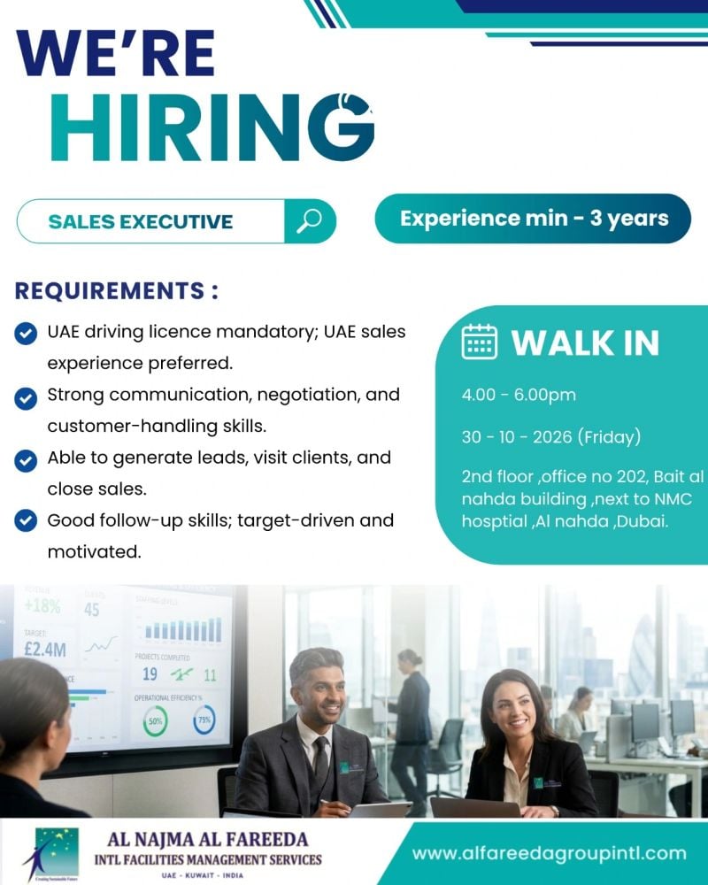 Sales Executive walk-in interview at Al Najma Al Fareeda Intl Facilities Management Services in Dubai