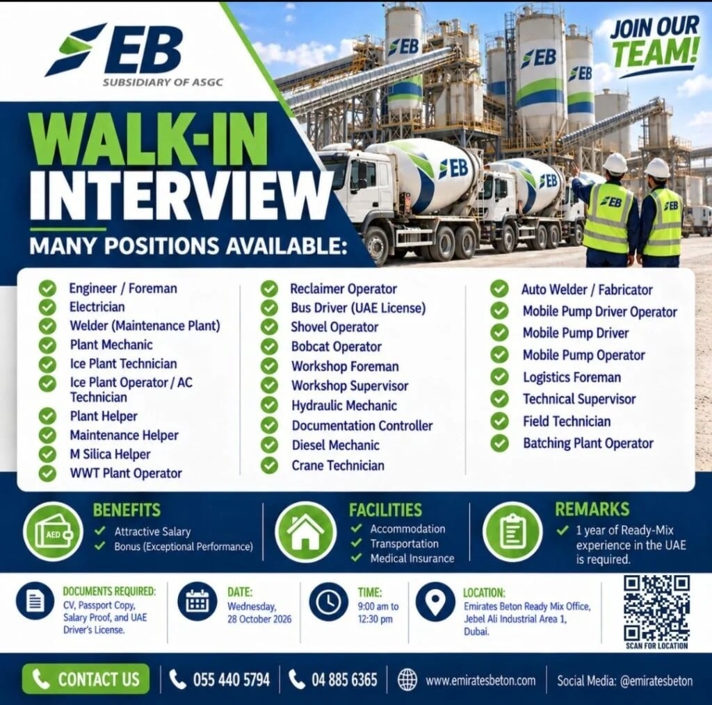 Plant Operator walk-in interview at Emirates Beton in Dubai