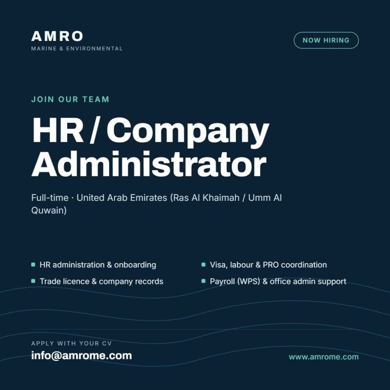 HR and Company Administrator job at AMRO Marine & Environmental in Ras Al Khaimah / Umm Al Quwain