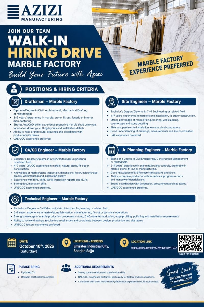 π Walk-In Interview - Azizi Manufacturing Hiring Draftsmen β Sharjah Sajjaj - Walk-In Interview Flyer