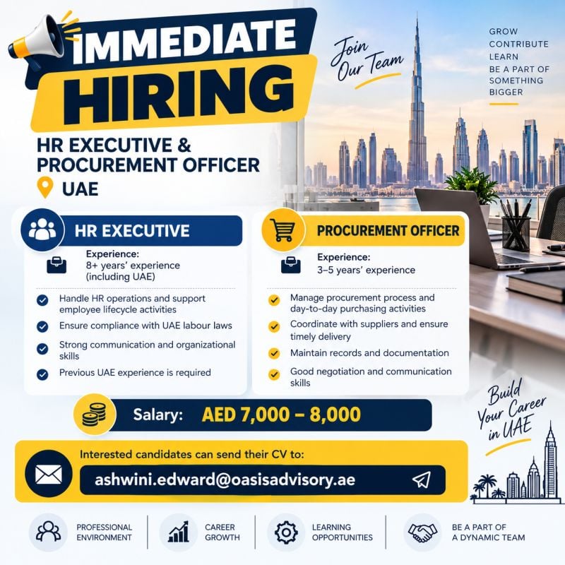 HR Executive and Procurement Officer job at Oasis Advisory in UAE