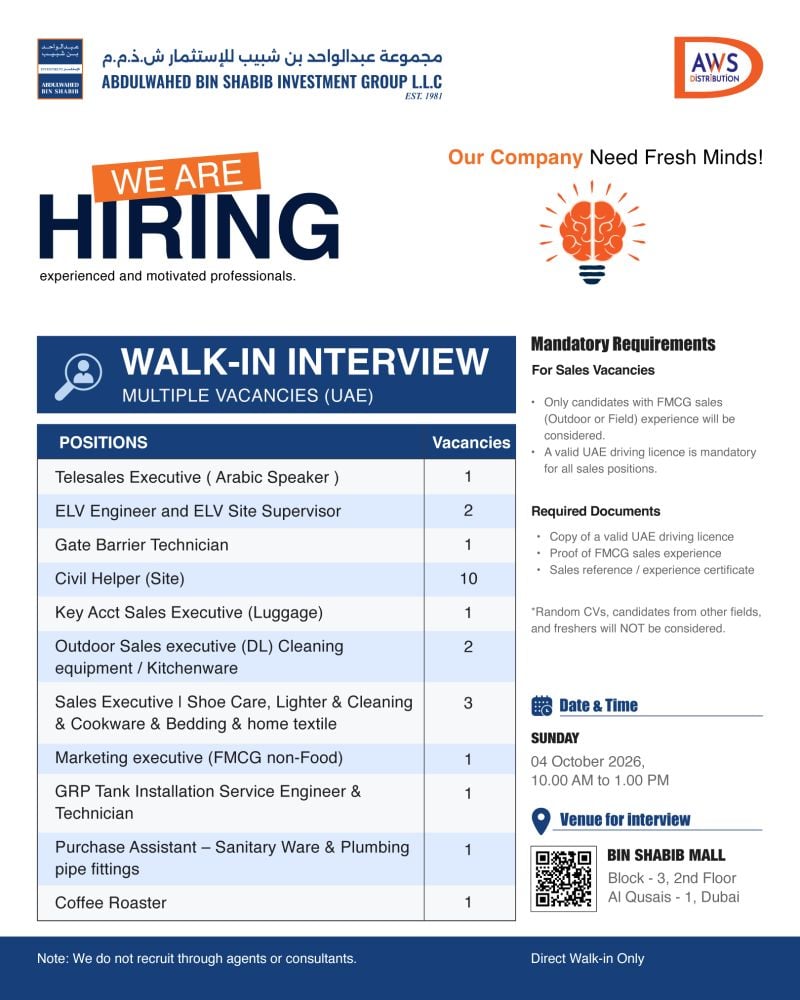 📍 Walk-In Interview - Abdulwahed Bin Shabib Investment Group Hiring Multiple Vacancies – Dubai - Walk-In Interview Flyer