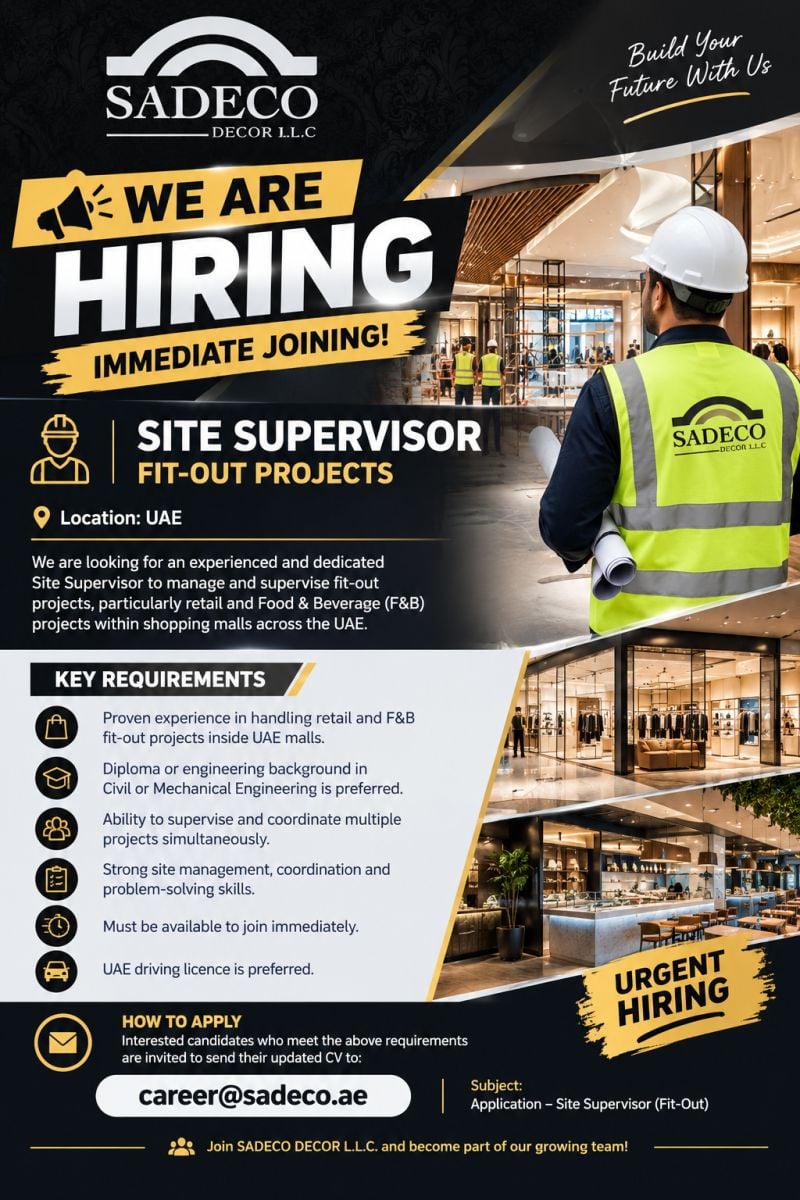 Site Supervisor job at Sadeco Decor L.L.C in UAE