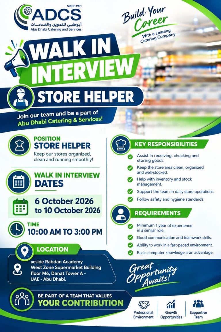 📍 Walk-In Interview - ADCS Hiring Store Helpers – Abu Dhabi - Walk-In Interview Flyer
