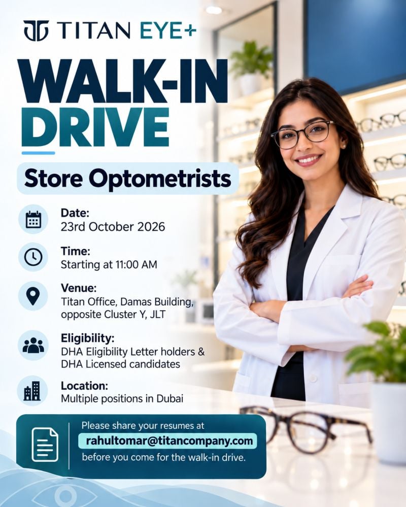 Store Optometrist walk-in interview at Titan Eye+ in Dubai