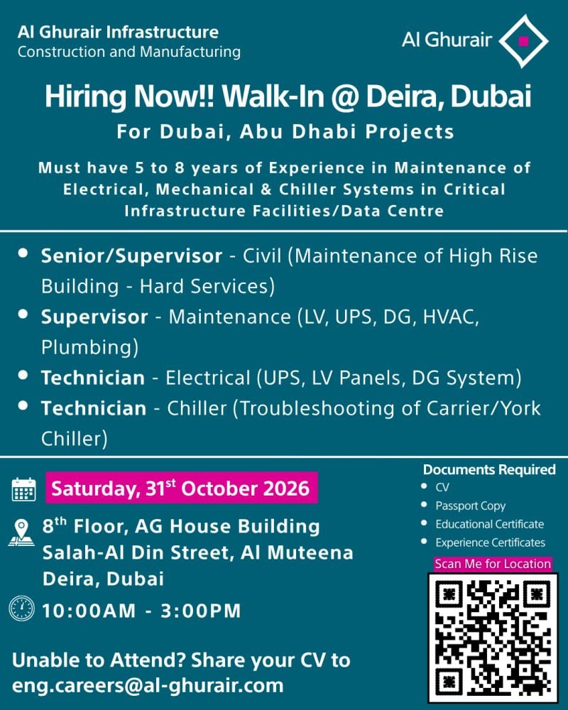 Maintenance Supervisor walk-in interview at Al Ghurair Infrastructure in Dubai
