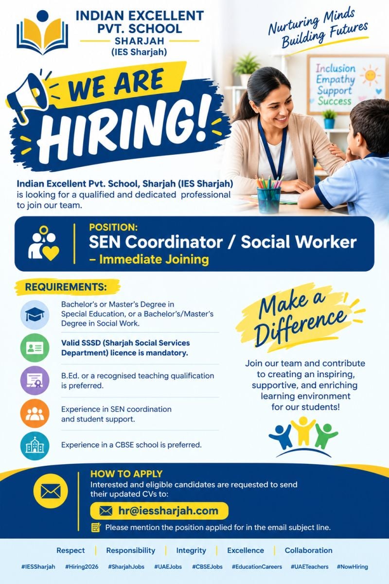 SEN Coordinator job at Indian Excellent Pvt. School, Sharjah (IES Sharjah) in Sharjah