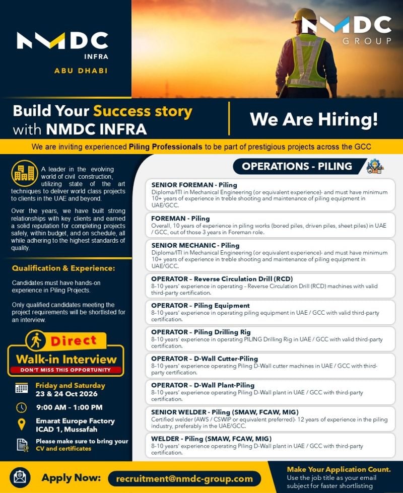 Senior Foreman walk-in interview at NMDC Infra in Abu Dhabi