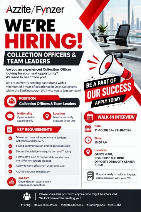 Collection Officer walk-in interview at Azzite/Fynzer in Dubai