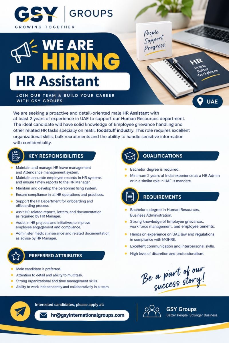 HR Assistant job at GSY Groups in UAE