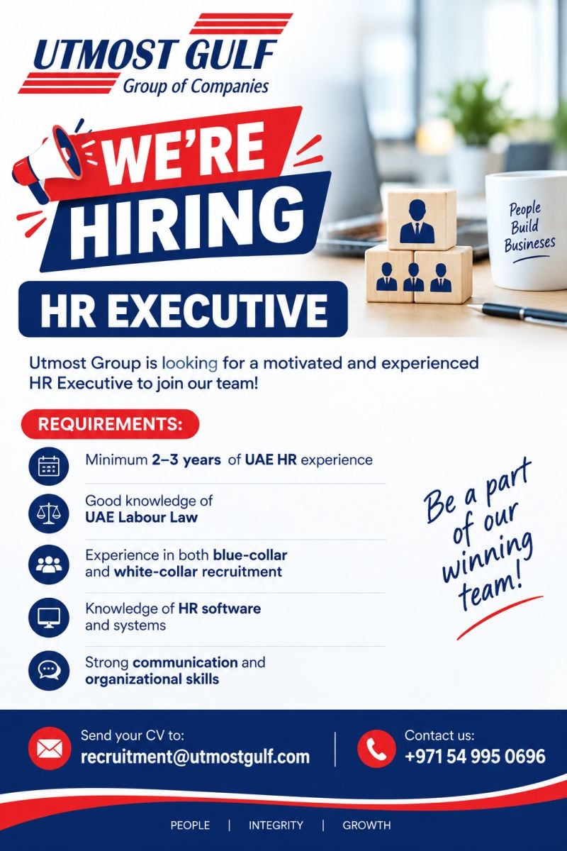 HR Executive job at Utmost Gulf Group of Companies in UAE
