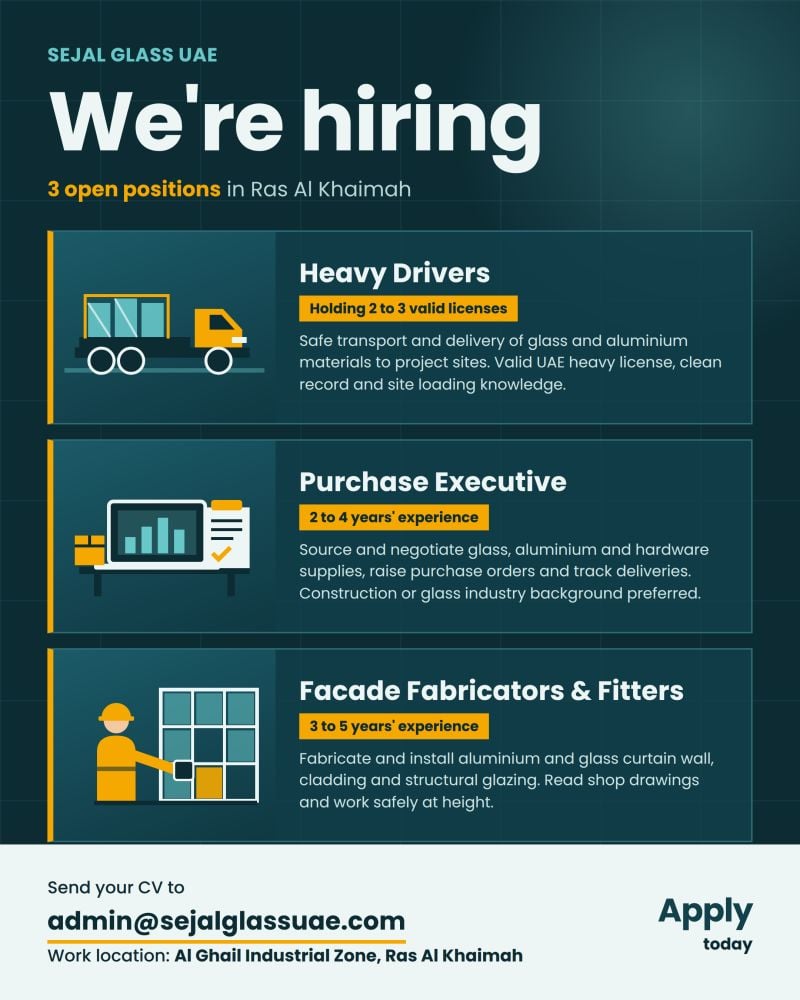 Sejal Glass UAE Hiring Multiple Positions – Ras Al Khaimah - Flyer