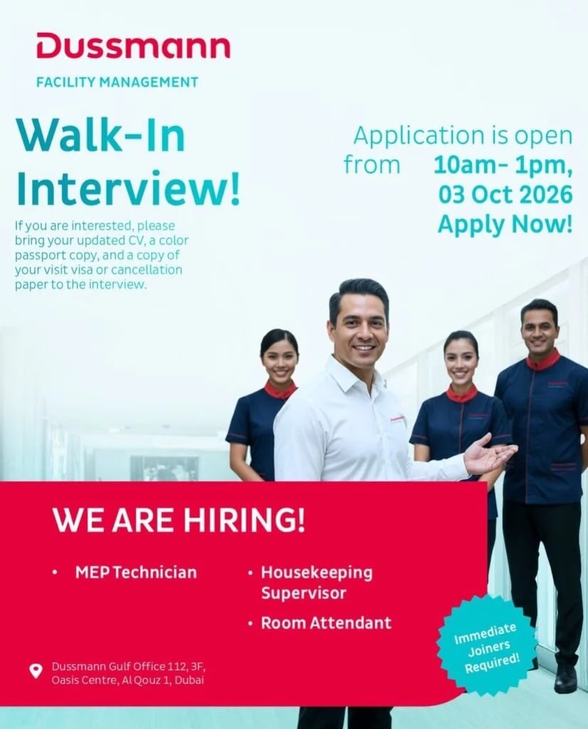 Walk-In Interview - Dussmann Hiring MEP & Housekeeping Staff – Dubai - Walk-In Interview Flyer