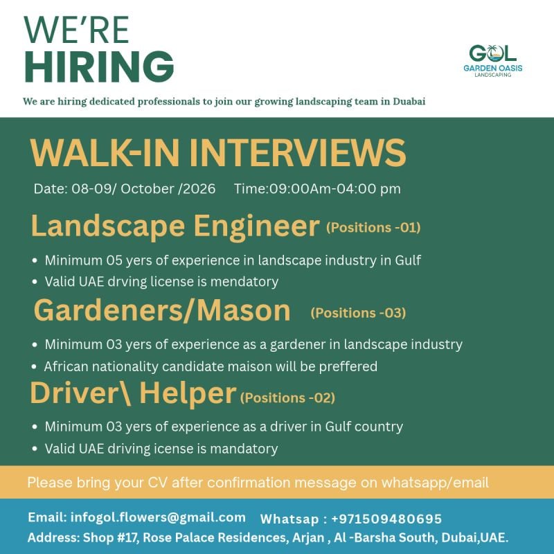 📍 Walk-In Interview - Garden Oasis Landscaping Hiring Landscape Engineers – Dubai - Walk-In Interview Flyer