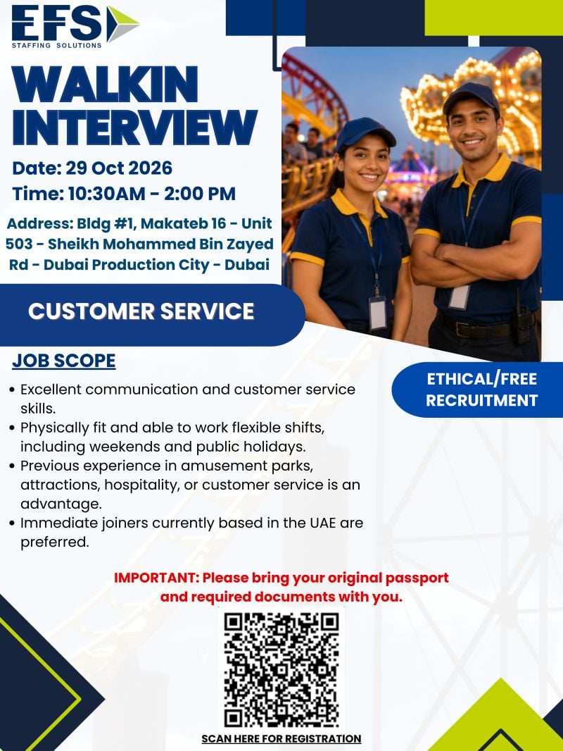 Customer Service walk-in interview at EFS Staffing Solutions in Dubai