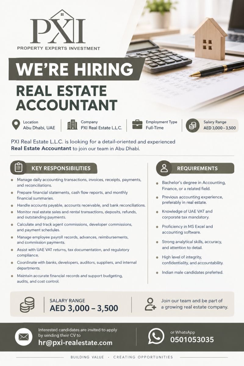 Real Estate Accountant job at PXI Real Estate L.L.C. in Abu Dhabi
