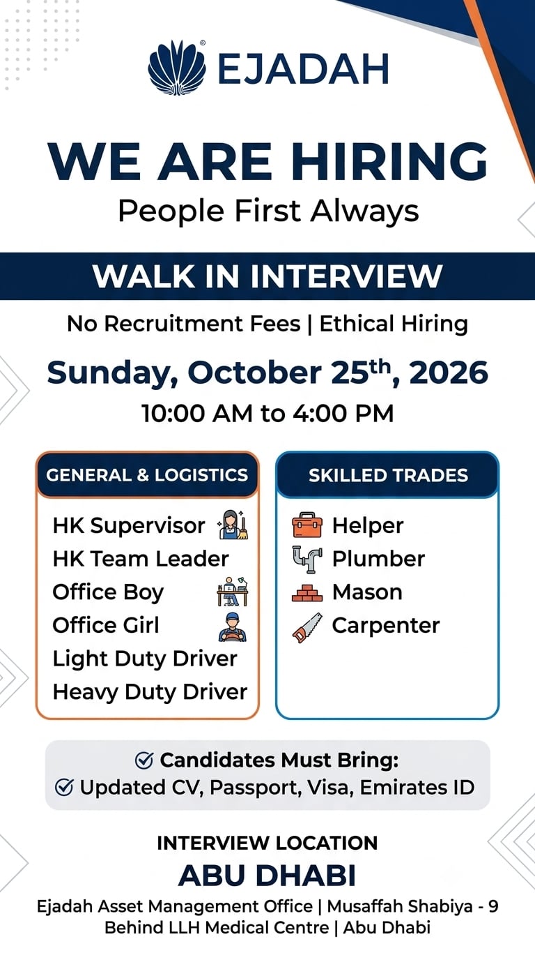 HK Supervisor walk-in interview at Ejadah in Abu Dhabi