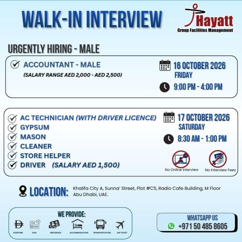 Accountant and Technicians walk-in interview at Hayatt Group Facilities Management in Abu Dhabi