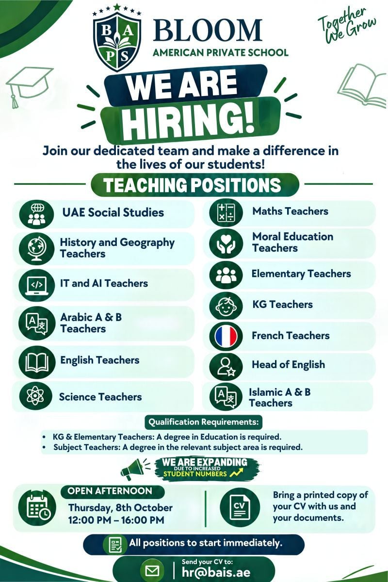 π Walk-In Interview - Bloom American Private School Hiring Teachers β UAE - Walk-In Interview Flyer