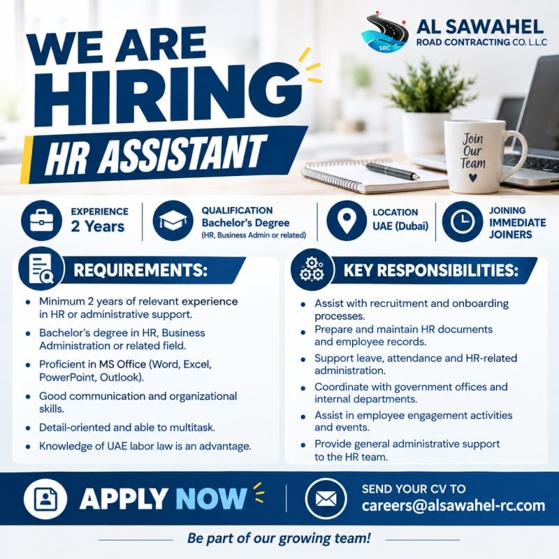 Al Sawahel Road Contracting Hiring HR Assistant – Dubai - Flyer