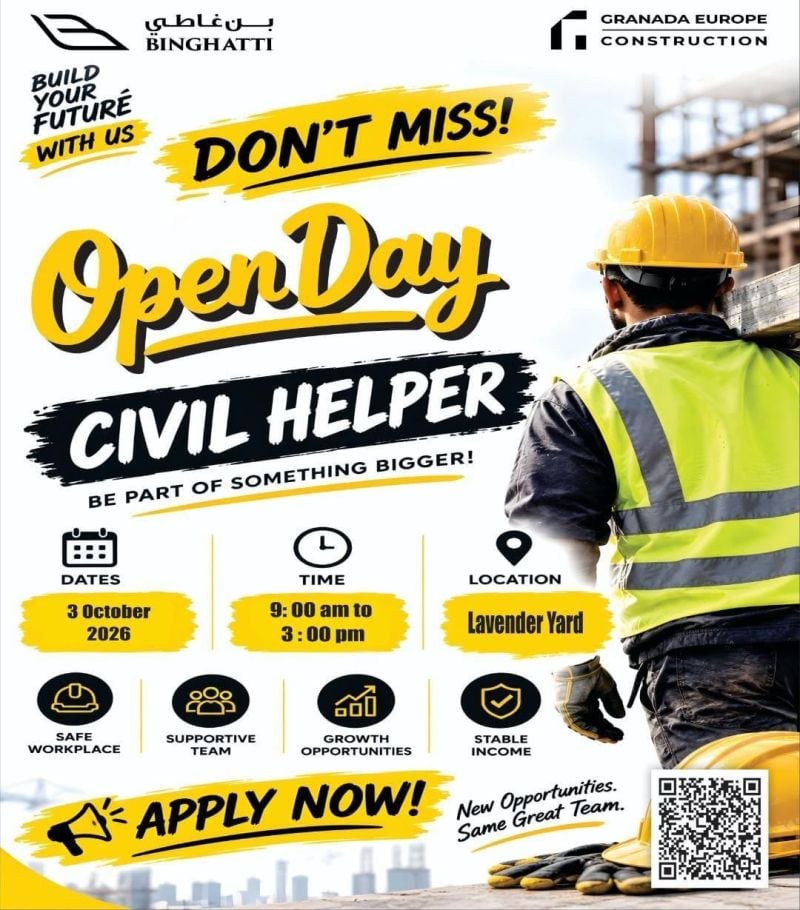 π Walk-In Interview - Binghatti & Granada Europe Construction Hiring Civil Helper β Dubai - Walk-In Interview Flyer