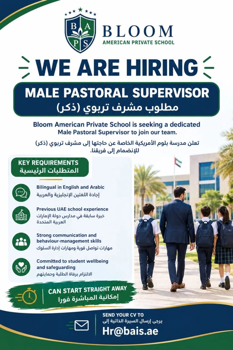 Male Pastoral Supervisor job at Bloom American Private School in UAE