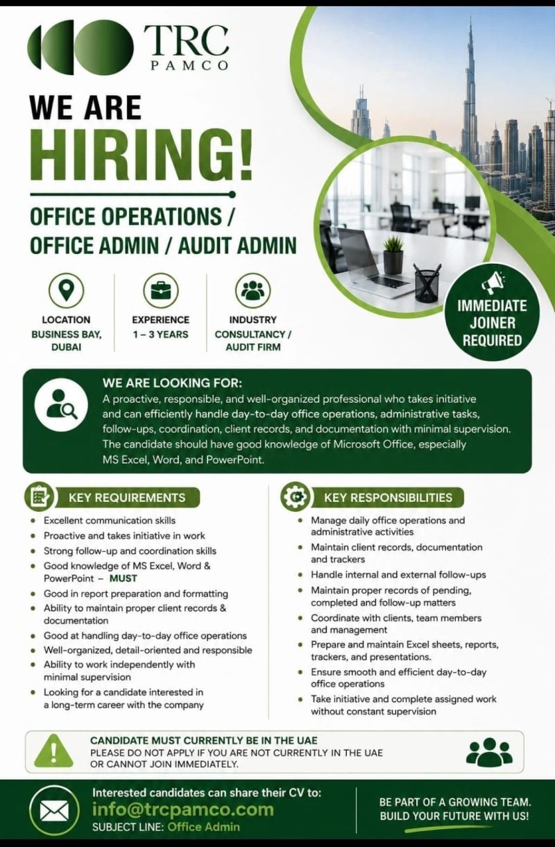 Office Operations Assistant job at TRC Pamco in Business Bay, Dubai