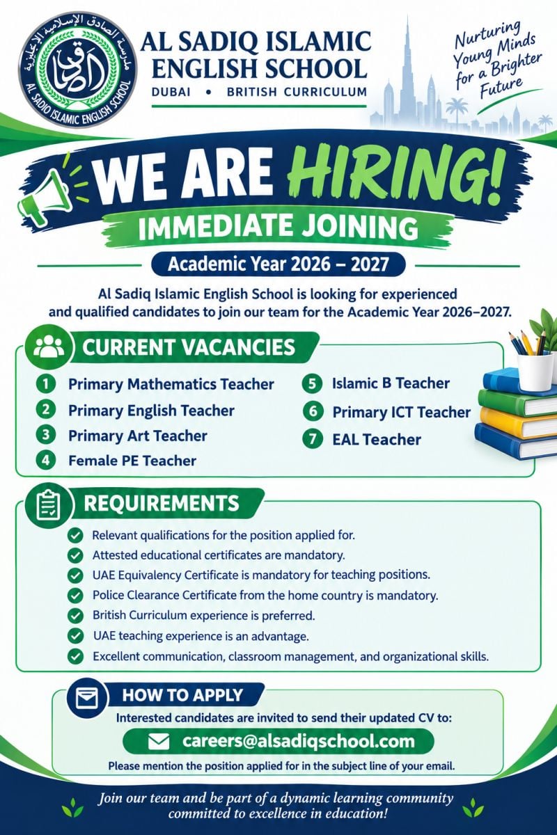 Teacher job at Al Sadiq Islamic English School in Dubai