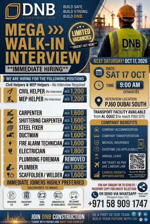 Construction Workers walk-in interview at DNB Construction in Dubai South