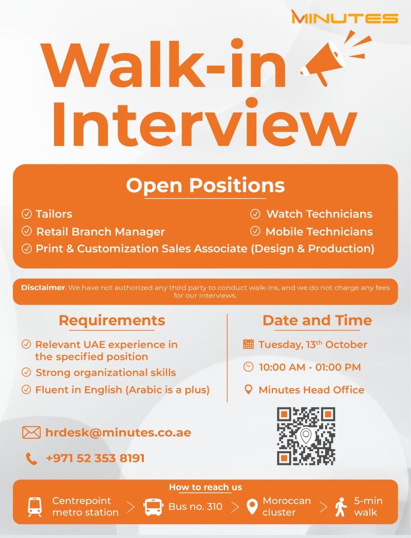 Retail Branch Manager walk-in interview at Minutes in Dubai