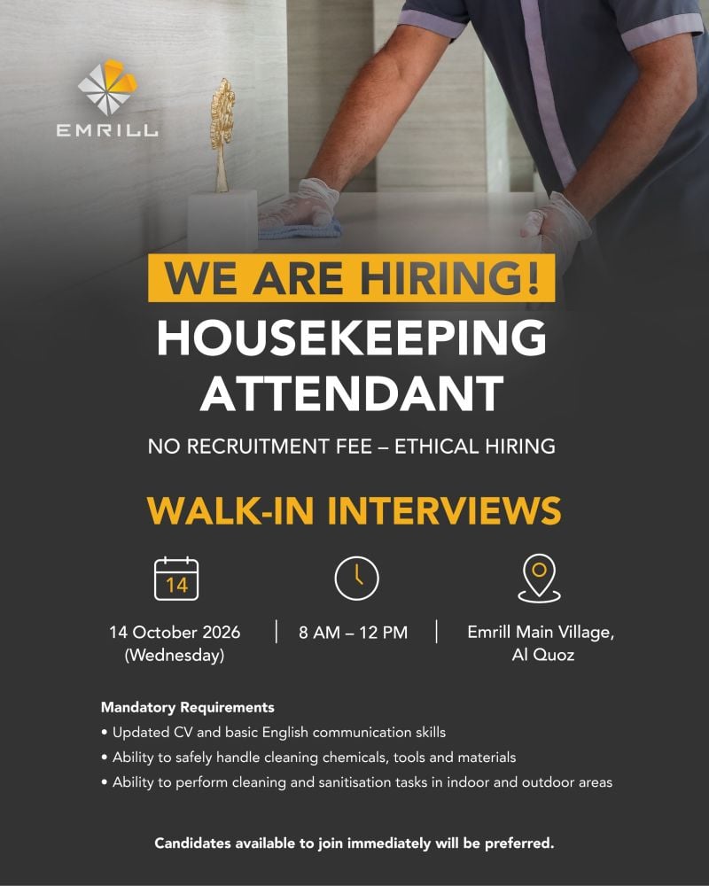 Recruitment poster for Emrill Housekeeping Walk-In Al Quoz Dubai | 14 Oct 2026
