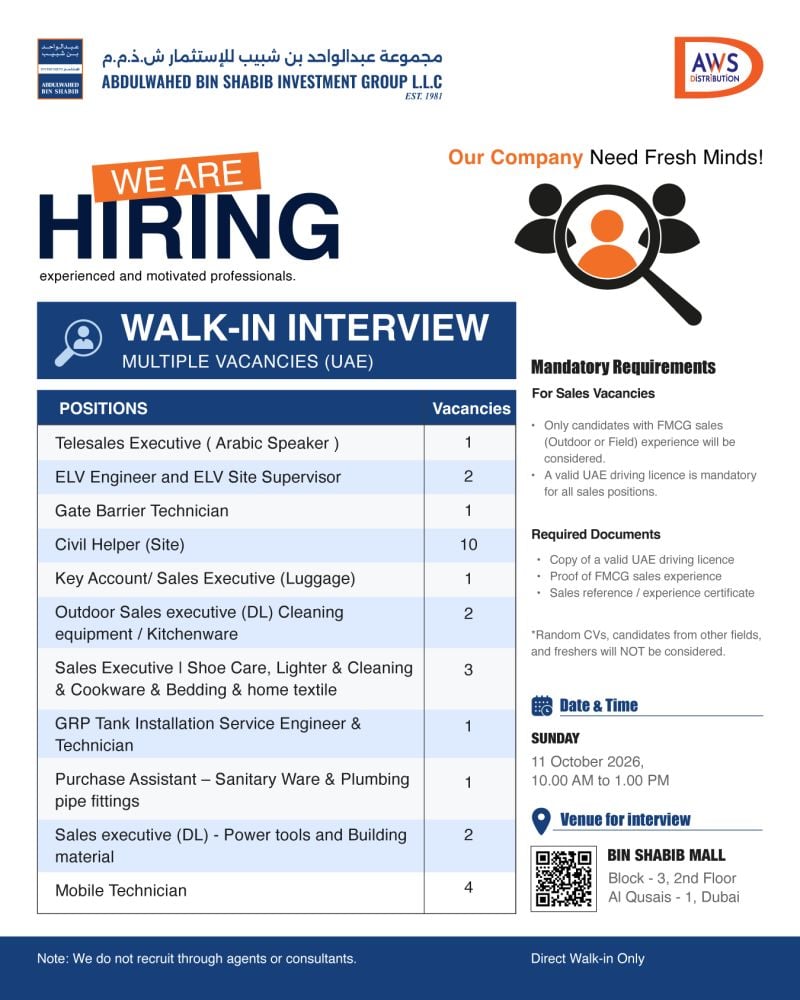 Sales Executive walk-in interview at Abdulwahed Bin Shabib Investment Group L.L.C in Dubai, UAE