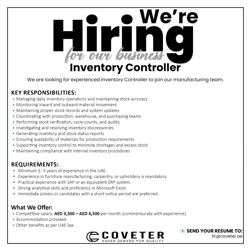 Coveter Hiring Inventory Controller β UAE - Flyer