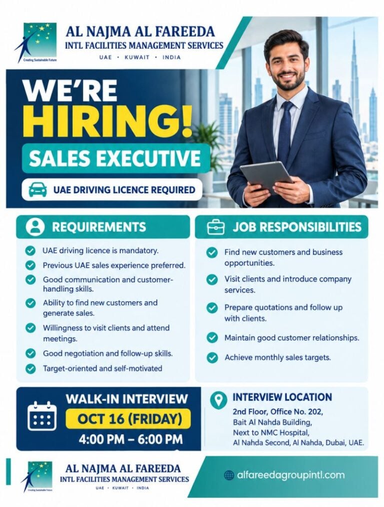 Sales Executive walk-in interview at Al Najma Al Fareeda in Al Nahda, Dubai