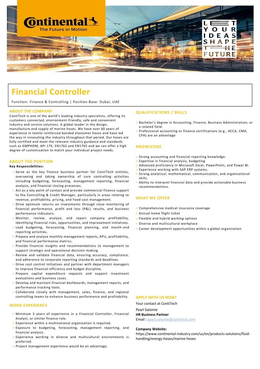 Financial Controller job at Continental in Dubai