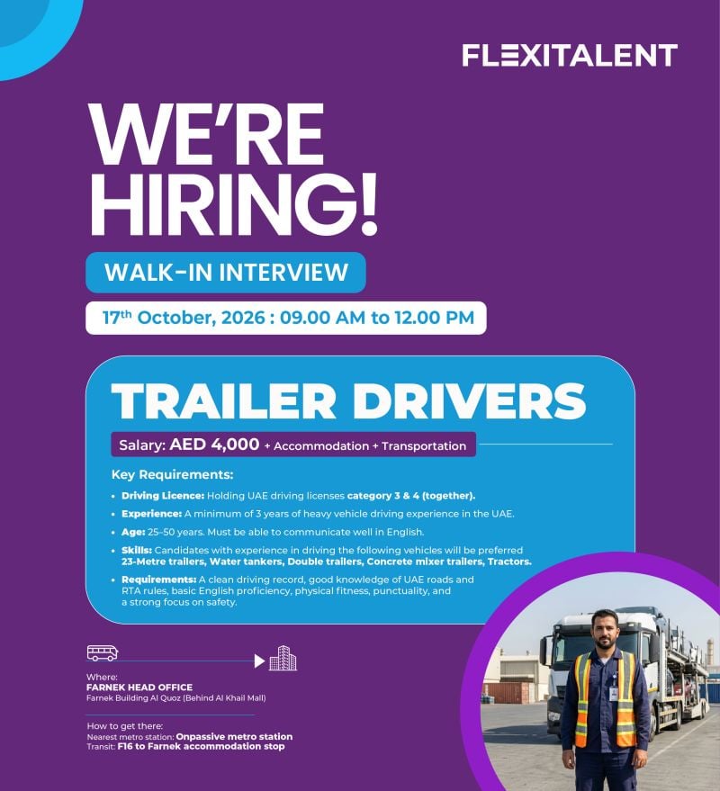 Trailer Driver walk-in interview at Flexitalent in Dubai