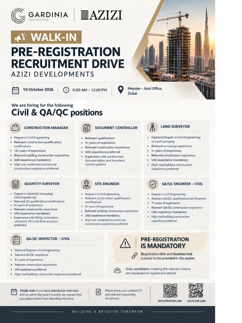 Walk-In Interview - Azizi Developments Hiring Civil & QA/QC Professionals – Dubai - Walk-In Interview Flyer