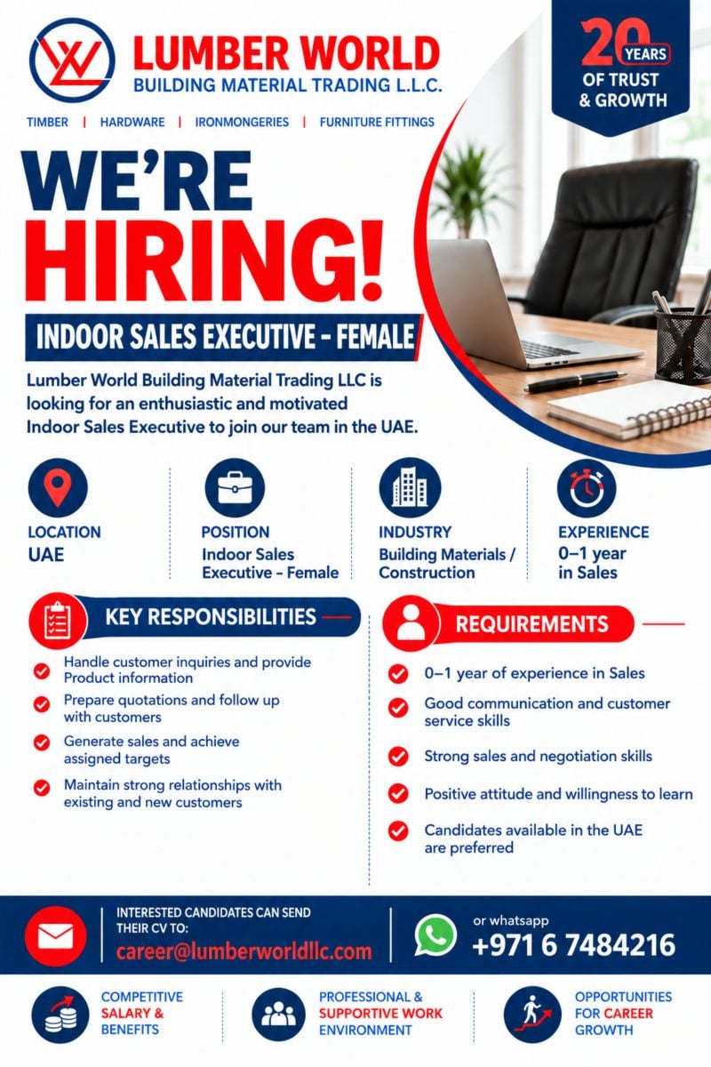 Indoor Sales Executive job at Lumber World Building Material Trading LLC in UAE