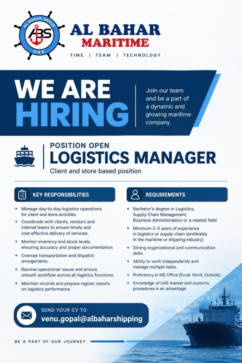 Logistics Manager job at Al Bahar Maritime in UAE