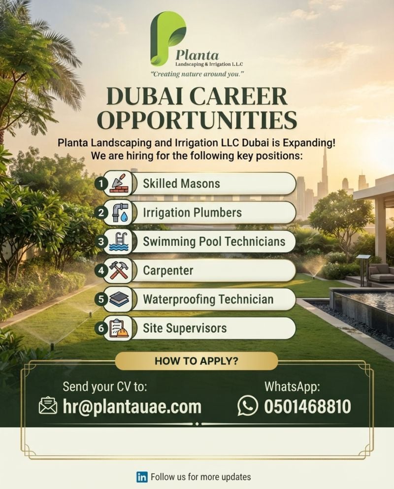 Planta Landscaping and Irrigation Hiring Technicians β Dubai - Flyer