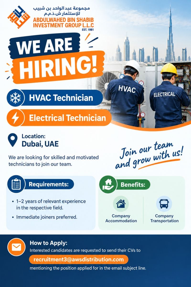 HVAC Technician job at Abdulwahed Bin Shabib Investment Group L.L.C in Dubai, UAE