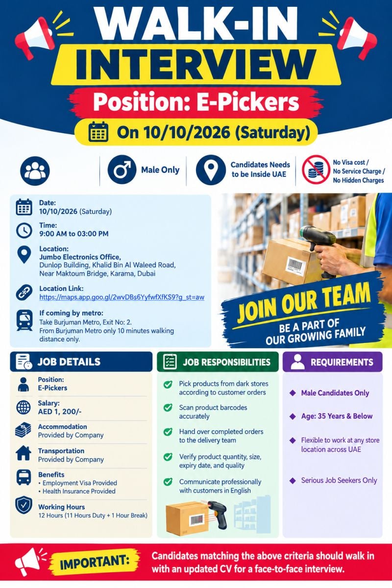 Walk-In Interview - E-Pickers Walk-In Interview in Dubai - Walk-In Interview Flyer