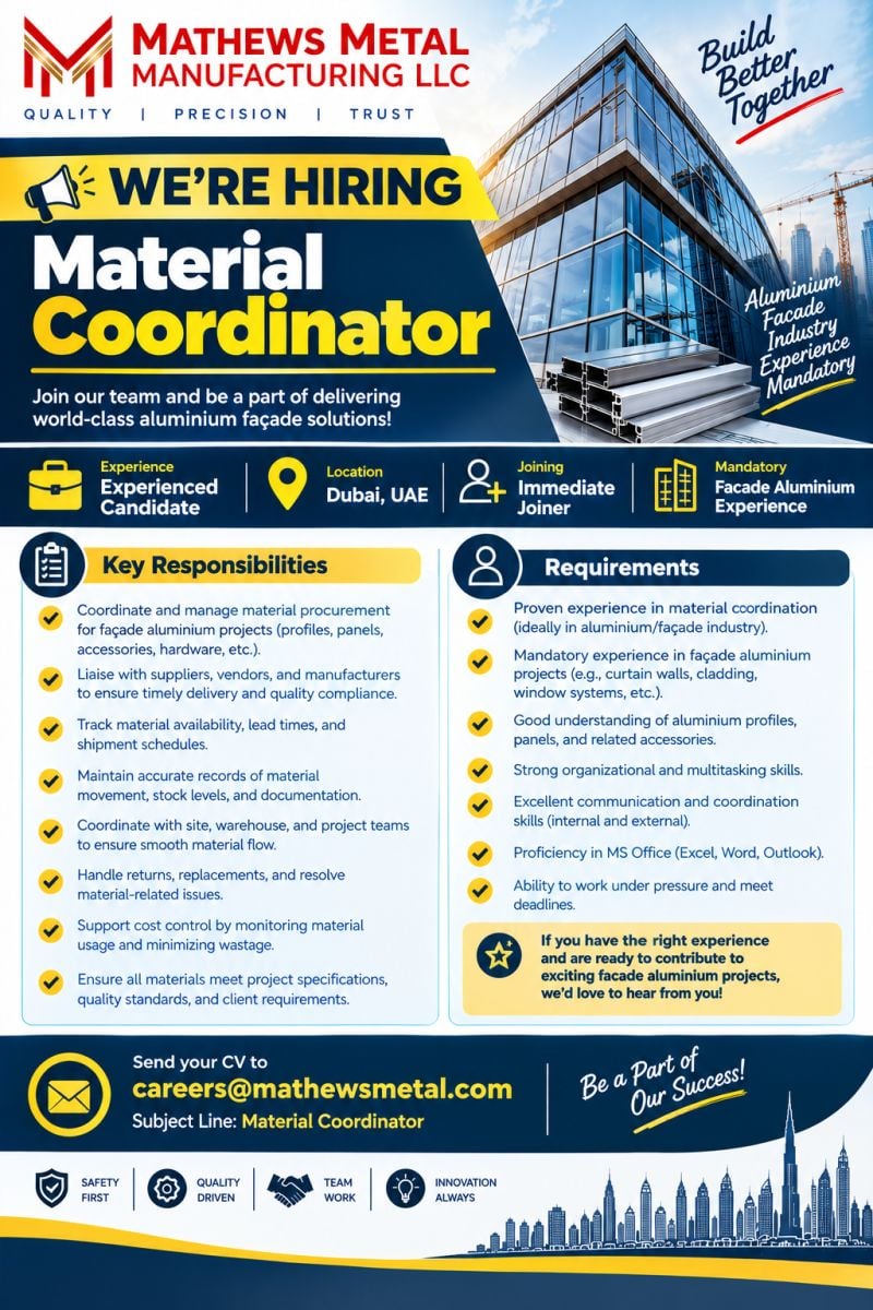 Material Coordinator job at Mathews Metal Manufacturing LLC in Dubai, UAE
