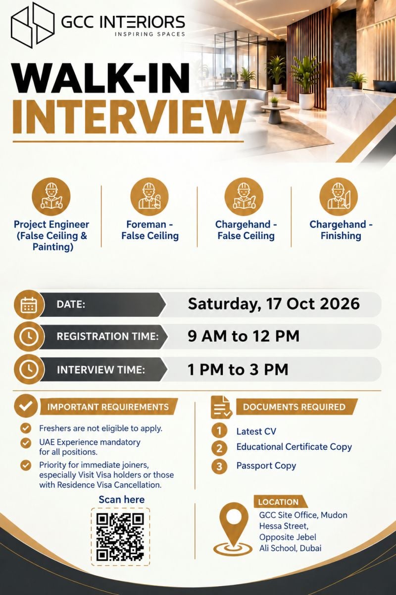 Recruitment poster for GCC Interiors Walk-In Dubai Mudon | 17 October 2026