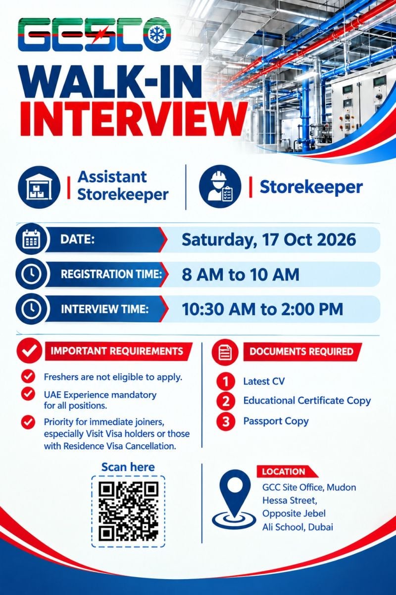 Storekeeper walk-in interview at Gesco in Dubai