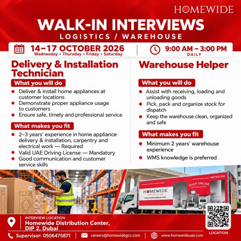 Delivery Installation Technician walk-in interview at Homewide in Dubai