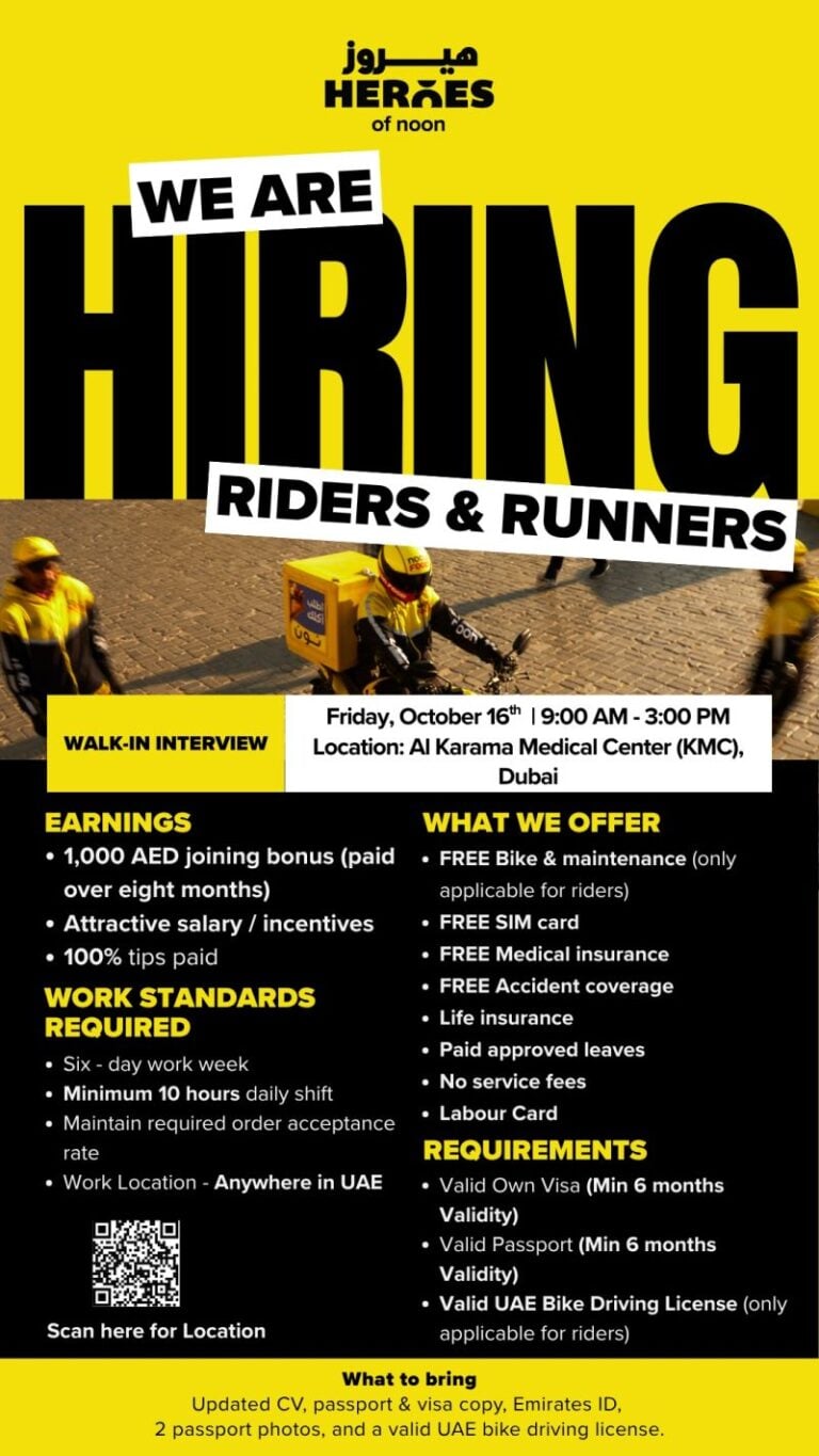 Walk-In Interview - Heroes of noon Hiring Riders and Runners – Dubai - Walk-In Interview Flyer