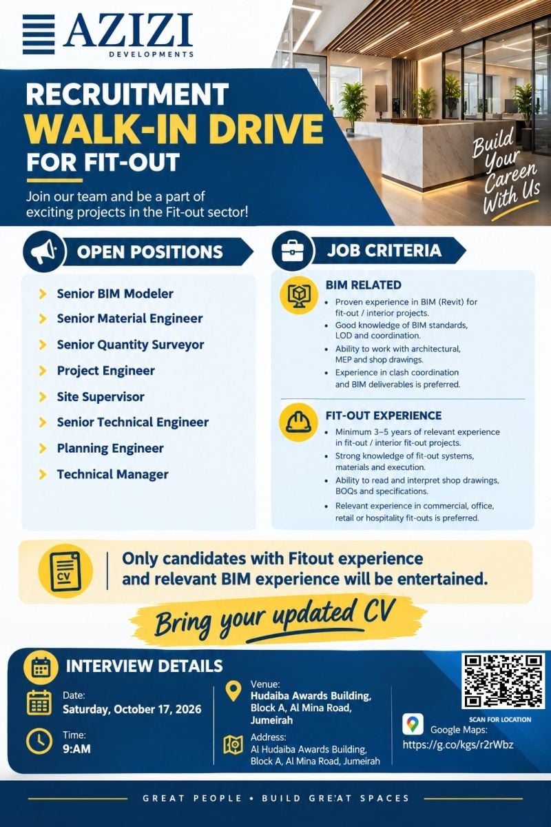 Recruitment poster for Azizi Fit-Out Engineering Walk-In Dubai | 17 Oct 2026