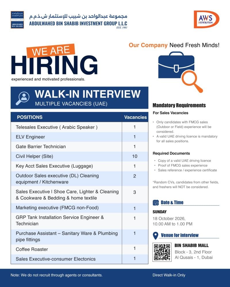Multiple Vacancies walk-in interview at Abdulwahed Bin Shabib Investment Group L.L.C in Dubai