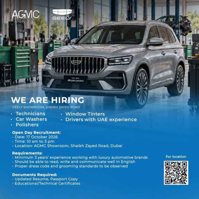Recruitment poster for AGMC Geely Automotive Walk-In Dubai | 17 October 2026